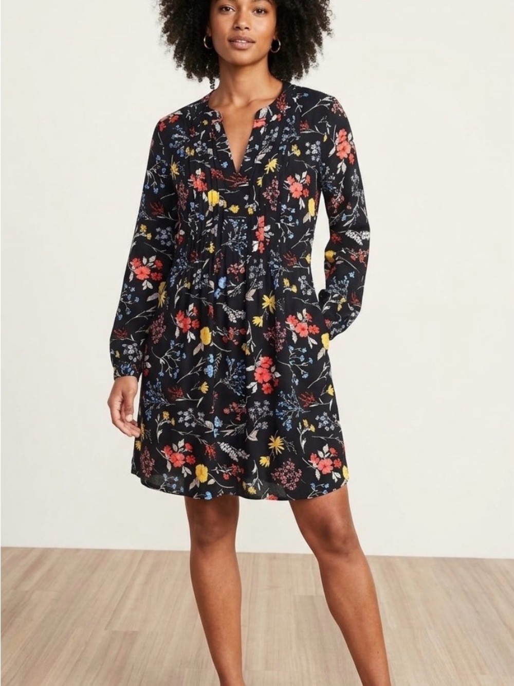 Old Navt Floral V-Neck Long Sleeve Black Dress size XS